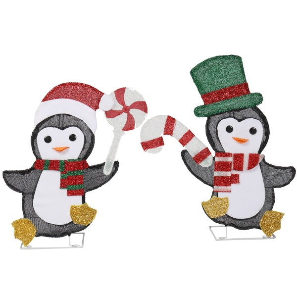 Set Of 2 Lighted Penguin And Candy Cane Christmas Decorations