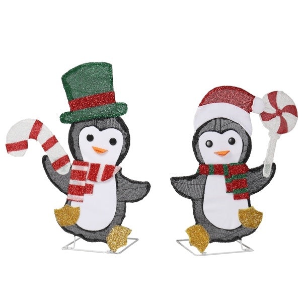 Set Of 2 Lighted Penguin And Candy Cane Christmas Decorations