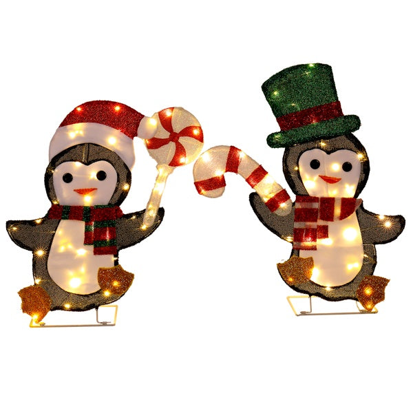 Set Of 2 Lighted Penguin And Candy Cane Christmas Decorations