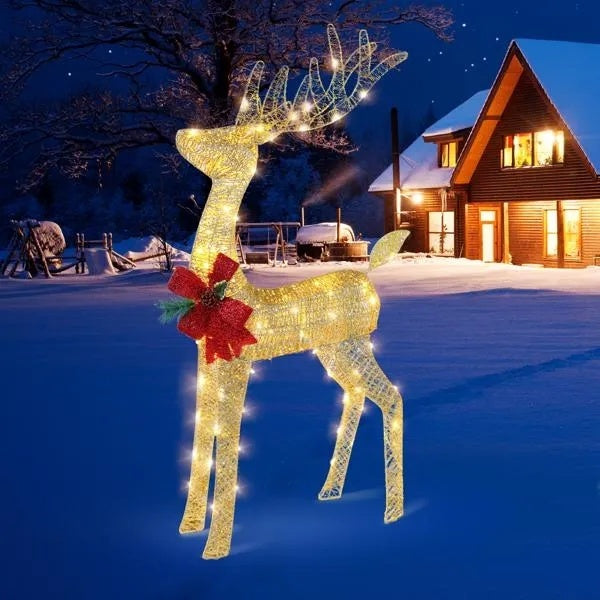 Lighted Christmas Reindeer Outdoor Decorations, Weather Proof 4ft Santa's Sleigh Reindeer Christmas Ornament Indoor Home Decor Pre-lit 90 LED Lights With Stakes, Zip Ties Secured